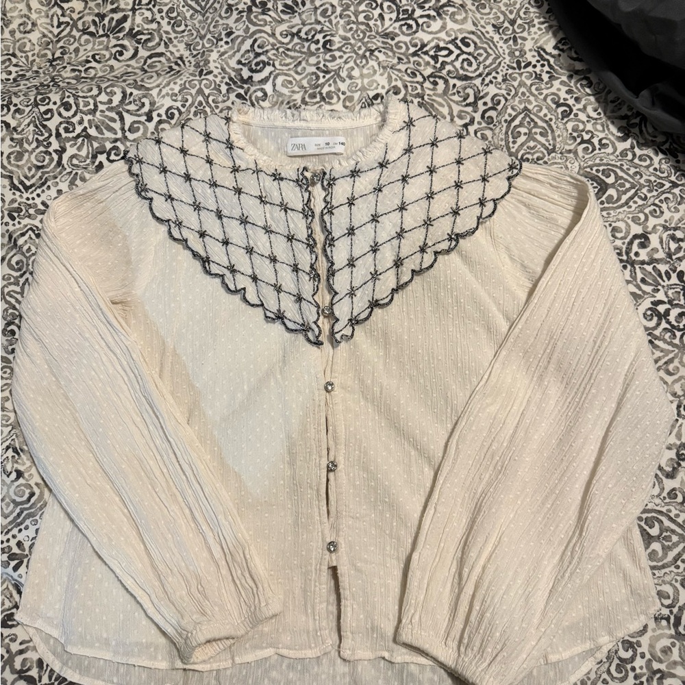 Zara kids Cream Pleated Blouse with beaded collar